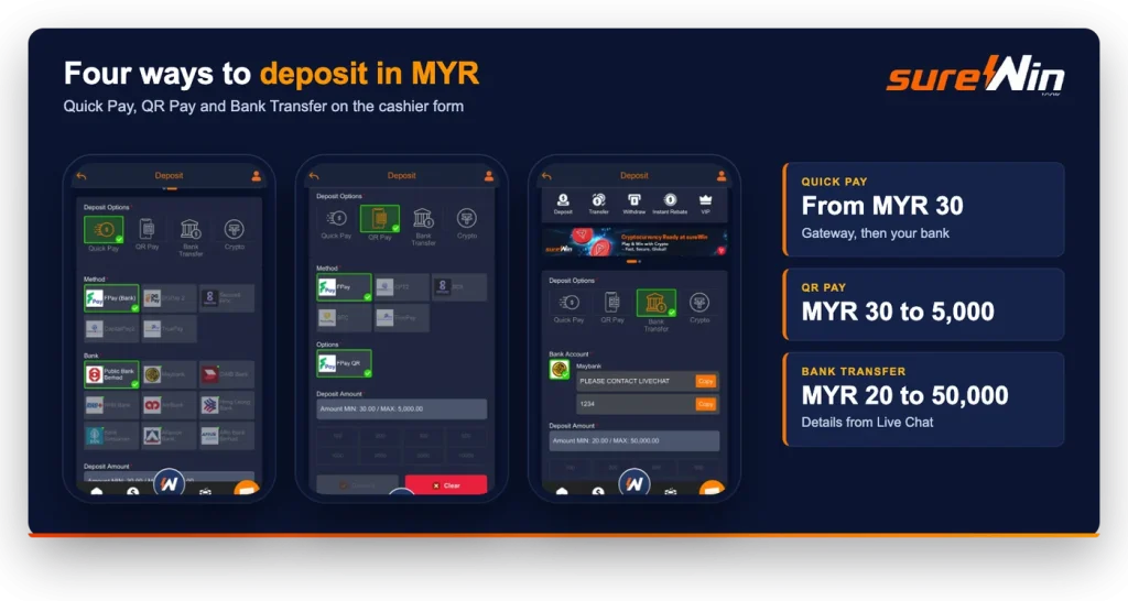 sureWin deposit options: Quick Pay from MYR 30, QR Pay MYR 30 to 5,000, Bank Transfer MYR 20 to 50,000